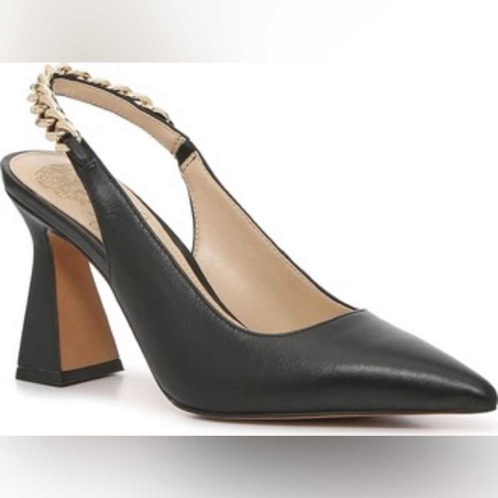 Vince Camuto Womens Sirnicki Black Slingbacks 7 / 37.5 Gold Chain Heels